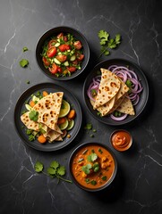 Delicious indian cuisine flat lay featuring naan bread curry and fresh salad bowls