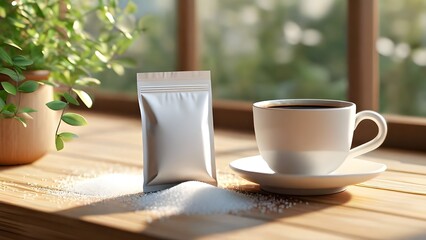 Fototapeta premium A white sugar packet mockup placed beside a coffee cup and a plant on a wooden table
