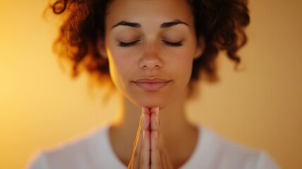 Serene young woman with closed and eyes hands clasped in prayer sitting at a dining table with candle and flowers