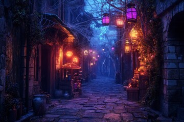 Fototapeta premium Dark alleyway with a few shops and lanterns hanging from the ceiling