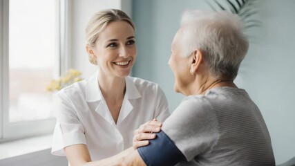 Caring nurse measuring blood pressure of senior woman at home - Powered by Adobe