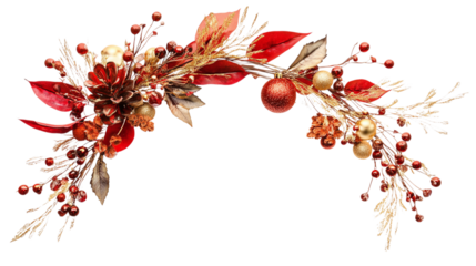 • A holiday wreath with red and gold accents, isolated on white background in HD 