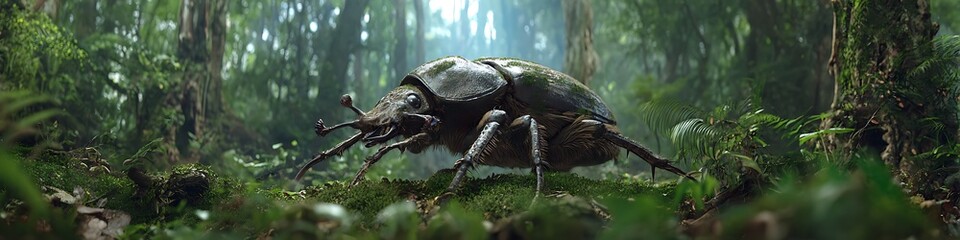 Fototapeta premium Massive prehistoric beetles crawling beneath crystal-clear canopy