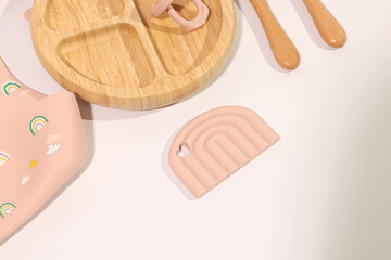 Pastel Baby Feeding Set: Bamboo Plate, Silicone Bib, Teether, Spoons; Minimalist, Modern, Sweet