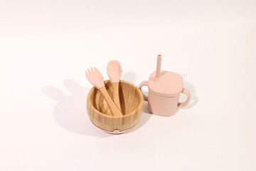 Pastel Pink Baby Feeding Set: Bamboo Bowl, Silicone Utensils, Straw Cup.
