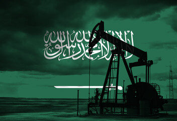 Drilling for oil in the countryside with Saudi Arabia national flag overlay