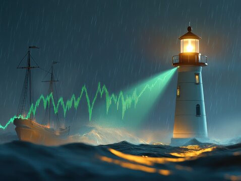 A lighthouse shines its beam, guiding a ship through a stormy sea, overlaid with a green financial graph. - Powered by Adobe