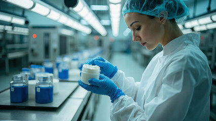 Female Worker in Lab Coat Handling Pharmaceutical Product, Medical Research in Laboratory, Laboratory Worker with Medicine

