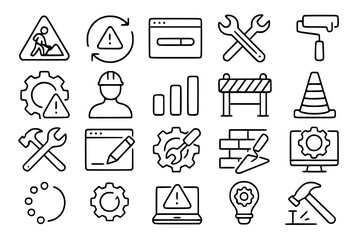 Fototapeta premium Under Construction and Maintenance Line Icons Set - Work in Progress, Tools, Warning Signs, Settings, Repair Equipment Vector Collection for Website and Development Design Projects