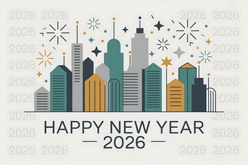 Fototapeta premium Stylized city skyline with festive fireworks and 