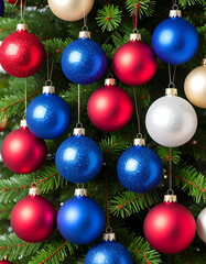 Fototapeta premium Christmas tree ornaments with red, blue, and white.