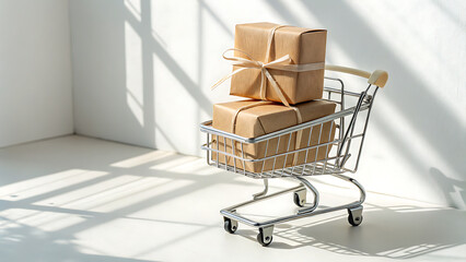 Shopping cart filled with wrapped gift boxes and sunlight shadows