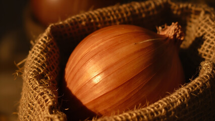 Onion in Burlap Sack, Fresh Onion Vegetable Close-Up, Organic Farming and Fresh Produce

