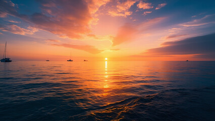 Sunset Over Calm Ocean, Seaside Sunset View with Reflections, Peaceful Beachscape

