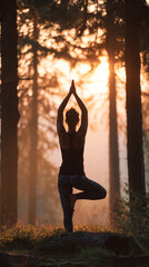 Silhouette of a Woman Practicing Yoga in a Forest at Sunrise