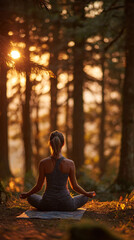 Woman Meditating in Forest at Sunset
