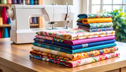 Colorful fabrics with sewing machine, and craft.