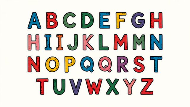 Playful hand-drawn alphabet chart, A-Z uppercaselowercase, in pastel blue, red, green, yellow, pink, black