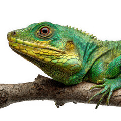Fototapeta premium Close-up of a big green lizard on the branch on white background