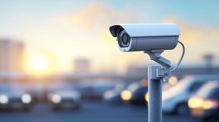 A dynamic depiction of a security camera mounted on a pole in a busy retail parking lot