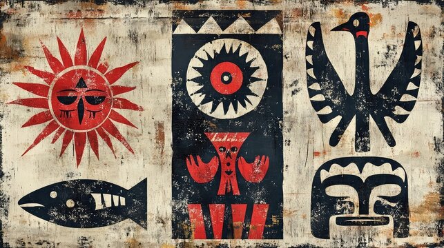 Tribal art drawings with cultural motifs, symbolic figures, and traditional patterns reflecting indigenous heritage and folk art for cultural storytelling and decor applications.