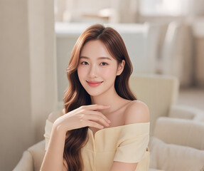 A woman in a yellow off-shoulder dress posing indoors with a soft smile