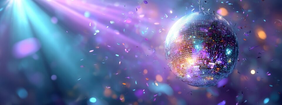 Glowing disco ball in colorful spotlight haze visual - Powered by Adobe