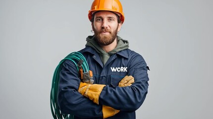 a construction worker stands confidently, wearing safety gear and holding a coil of wire