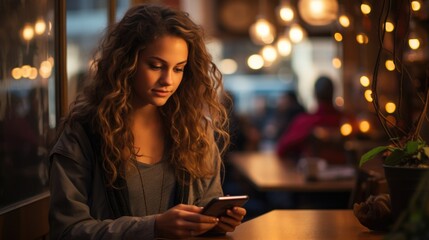 Female freelancer using smartphone in a cafe, Woman using digital tablet, woman using mobile phone, online shopping and social media concept.