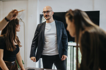 A group of students collaborates with their professor, engaging in a supportive environment for...