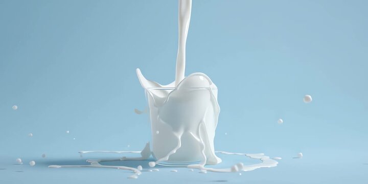 Fresh white milk splashes into a glass, a healthy cold beverage pouring with a creamy drop