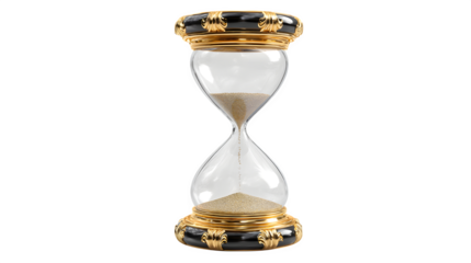 3D hourglass icon with gold trim, representing time and justice, isolated on white background
