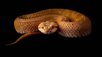 Fototapeta premium Amber coiled viper with detailed scales and piercing eyes snake