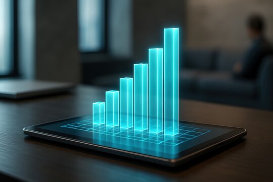 A futuristic holographic bar graph showcasing data analysis on a tablet screen.