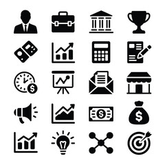 Collection of Black Business and Finance Icons Illustrating Growth Success Strategy Time Money and More