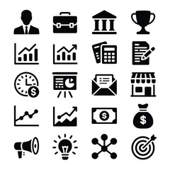 Collection of Black Business Icons depicting Growth Charts Graphs Financial Success Time Management Businessman Briefcase Bank Trophy Document