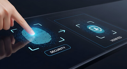 Finger touching glowing fingerprint scanner for security verification process screen