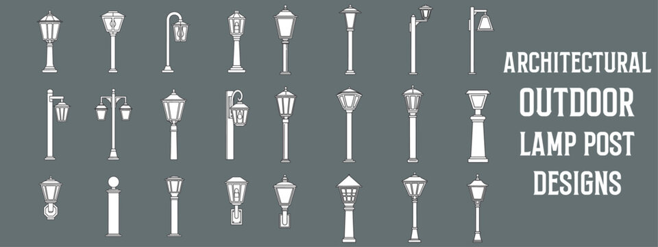 Minimalist Architectural Outdoor Lamp Post Design Collection with Modern and Classic Street Lighting Illustrations for Urban Landscape and CAD Projects