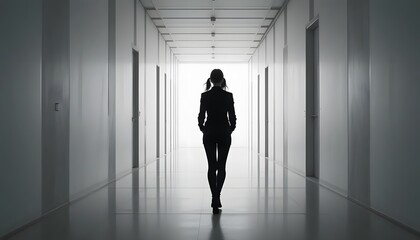 Fototapeta premium Business woman walking down hallway silhouette professional career success concept