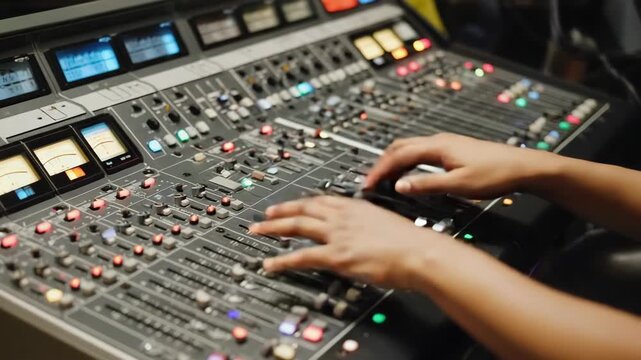 Hand of audio specialist managing soundboard at vibrant night concert