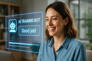 Woman smiles at an AI training bot interface, showcasing modern technology in practice.
