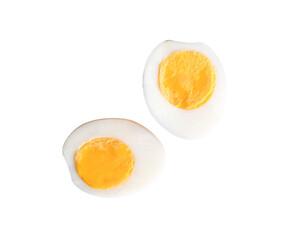 Top view set of cooked or boiled chicken eggs with egg yolk in two halves isolated on white background with clipping path