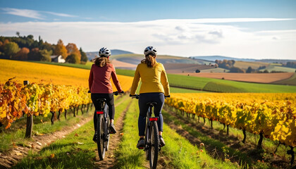 Fototapeta premium Cycling through autumn vineyards.