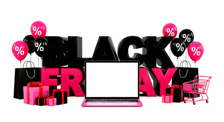Black Friday sale promotion with pink and black balloons laptop gifts and shopping cart discount