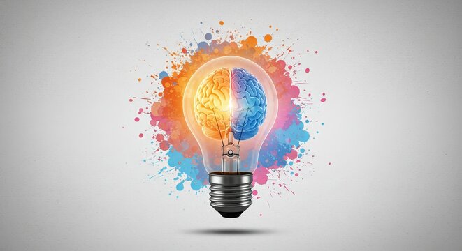 Brain Inside Light Bulb with Color Splash Abstract Concept of Innovation and Imagination in Surreal Illustration