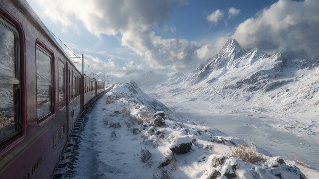 Scenic train journey through snowy mountains (1)