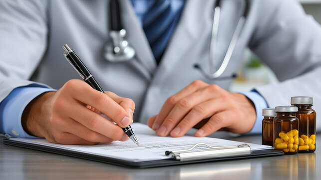 Healthcare professional is writing on clipboard, surrounded by prescription bottles and stethoscope, conveying sense of professionalism and care