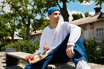 Young guy enjoying a sunny day at the park while sitting with his skateboard