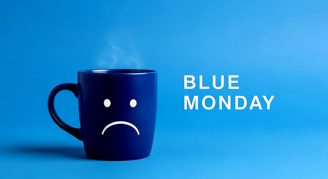 Dark blue mug with sad face and steam on bright blue background with text coffee