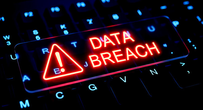 Glowing Red Data Breach Warning Sign on a Dark Keyboard security cyber